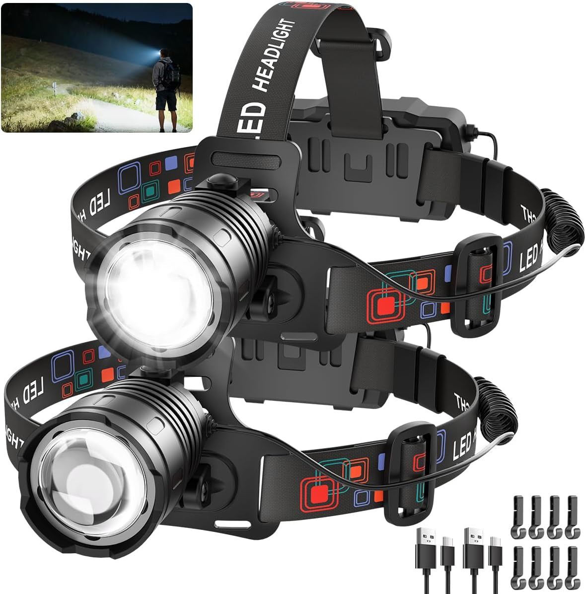 UUYEE Rechargeable LED Headlamp High Lumen, 3000L Super Bright Head Lamp