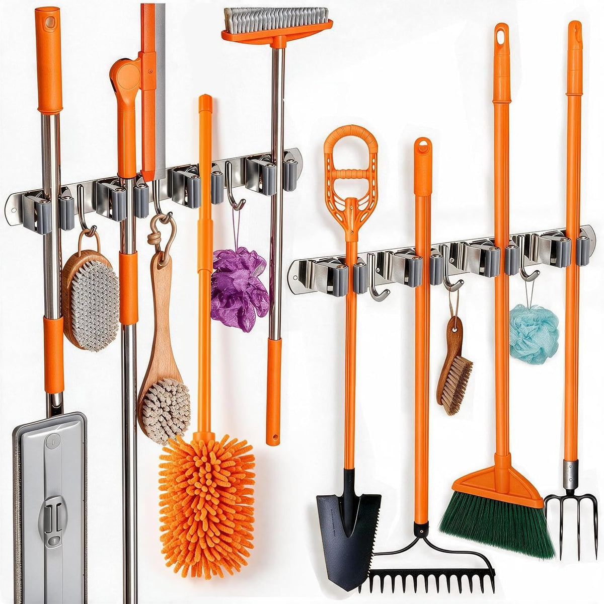 2 Pack Broom Holder Wall Mount Mop Organizer, 4 Racks 3 Hooks