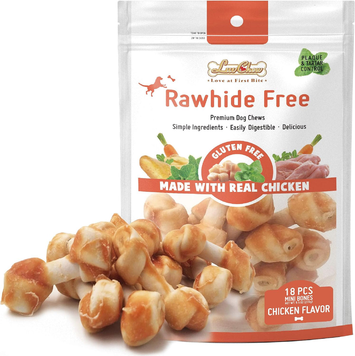 Luvchew Premium Dog Chew Bones, Made with Real Chicken, Rawhide Alternative, Made with Limited Ingredients, Highly Digestible (Mini 18Pcs/Pack)