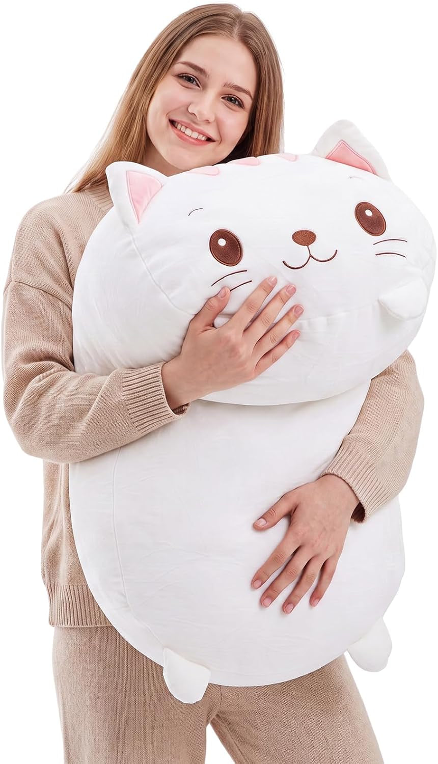 35.4 Inch Pig Cat Plush Pillow Cute Pink Soft Plush Body Pillow, Cat, White