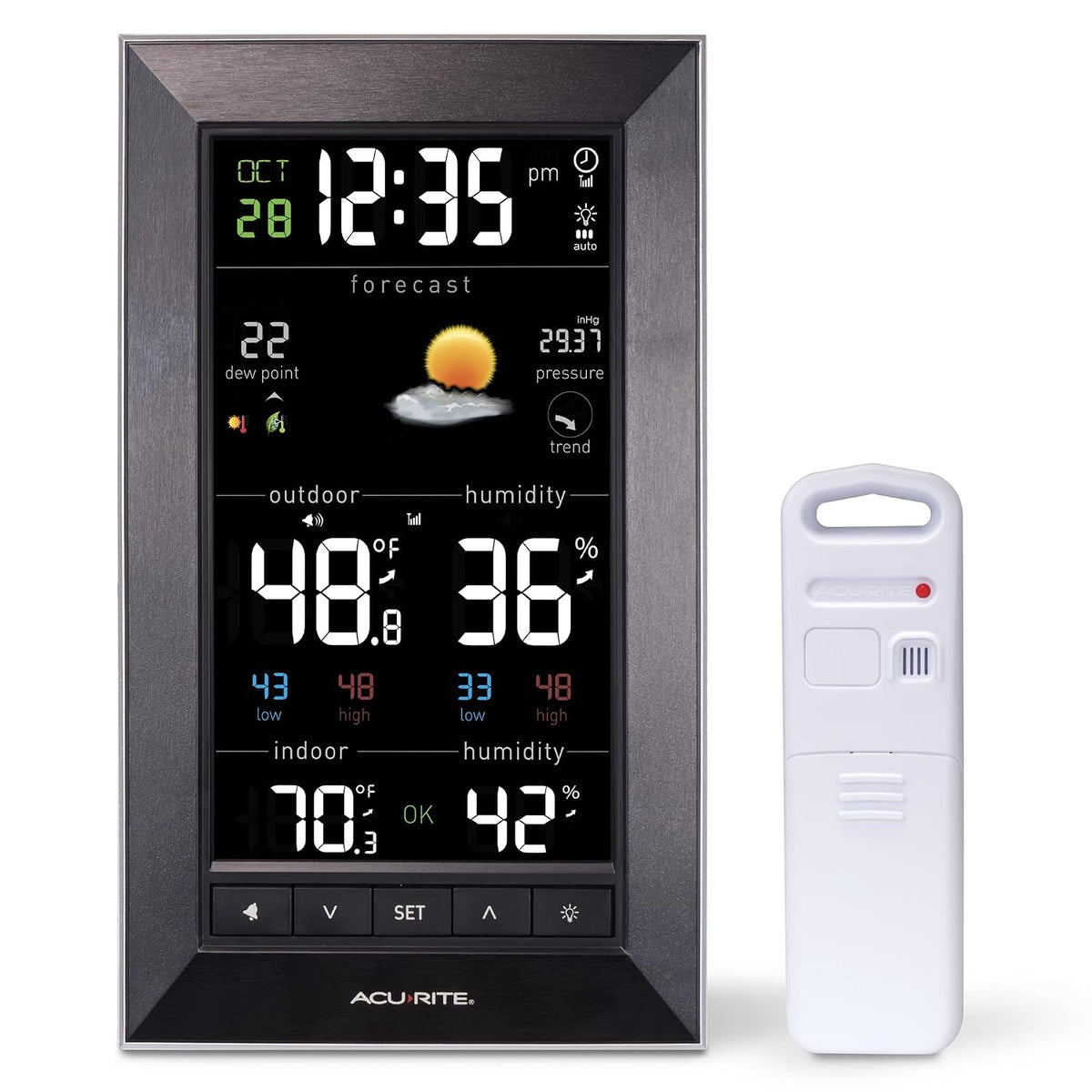 Acurite Digital Vertical Weather Forecaster with Indoor/Outdoor Temperature, Humidity, and Date and Time (01121M), Black