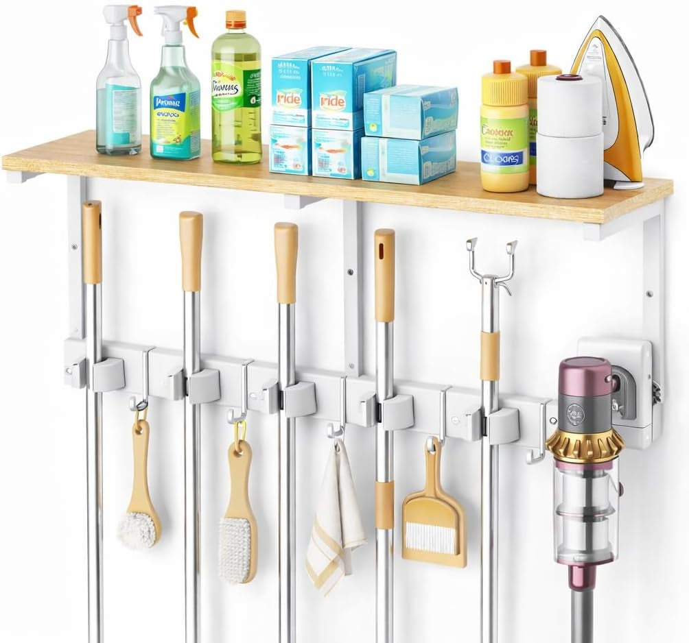 Upgraded Broom Holder Wall Mount with Shelf, Mop and Broom Organizer Wall Hanging, Cleaning Supplies Organizer with 5 Grippers, 4 Hooks and Vacuum Holder for Laundry Room, Garage, Kitchen