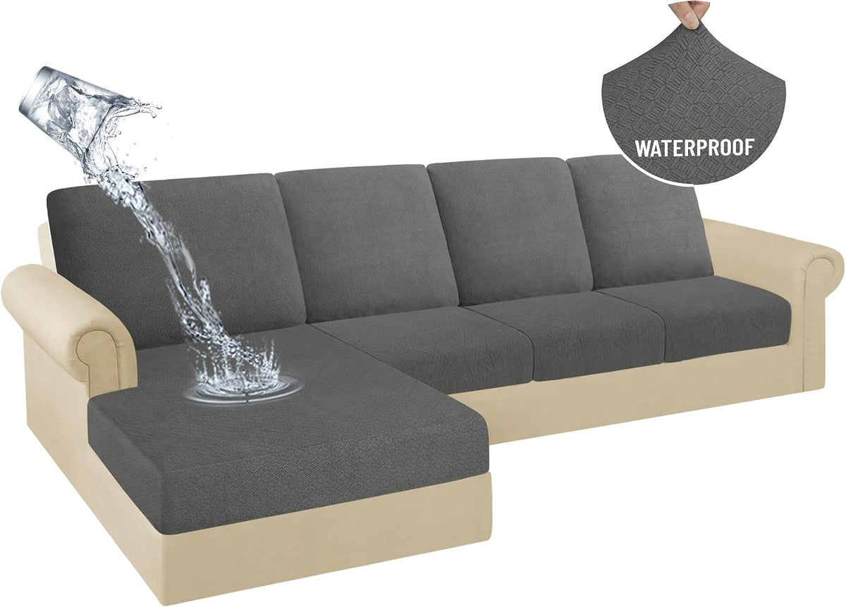 HDCAXKJ 100% Waterproof Sectional Couch Cushion Covers 8 Pieces L Shape Sectional Cover Stretch Chaise Sofa Seat Slipcover Set Jacquard Magic Sofa Cover (Dark Gray, 3 Seater + 4 Backrest + 1 Chaise)