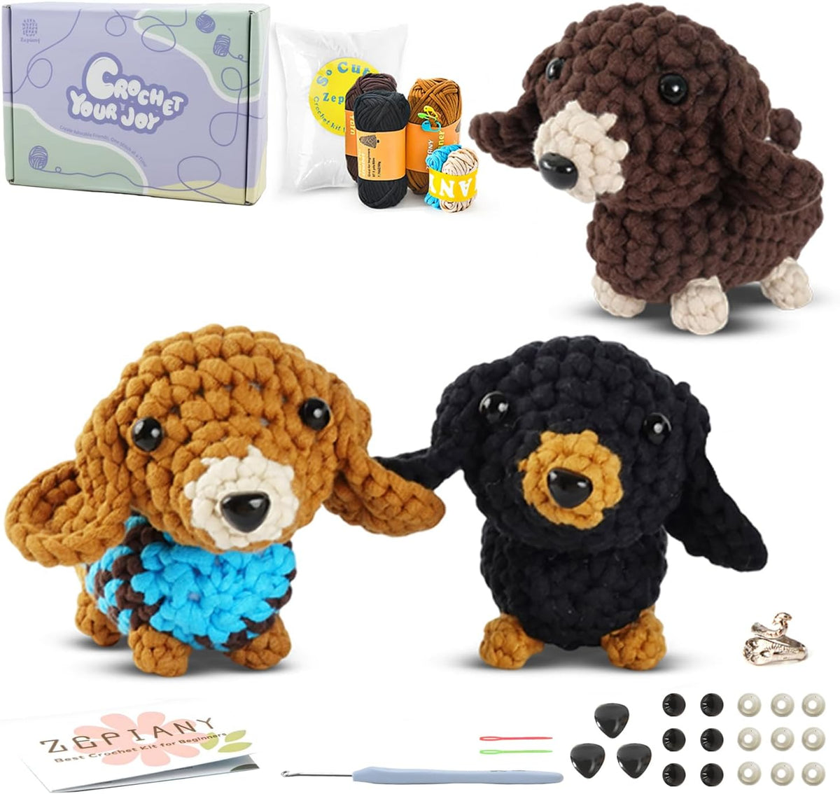 Zummipals Crochet Kit for Beginners, Easy Crochet Kit for Adults W Step-By-Step Vid Tutorials, Beginner Knitting Kit, Makes Crochet Animals Dachshund Crochet Kits, Ideal Crochet Gifts (30% EX Yarn)