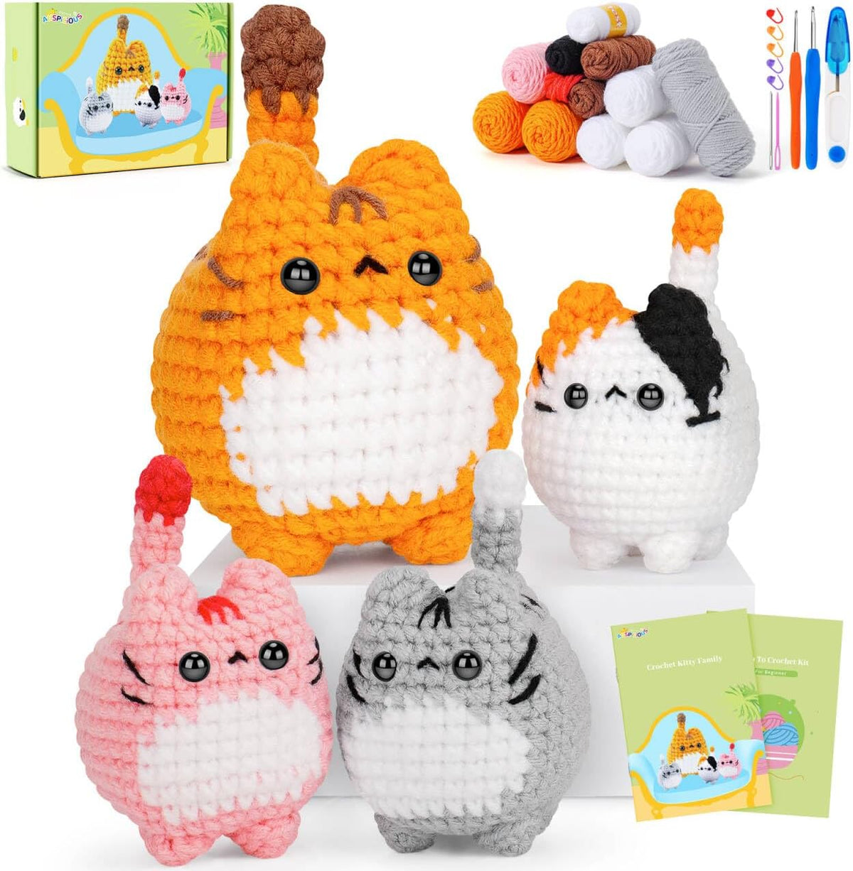 Crochet Kit for Beginners-4Pcs Cat Crochet Kits for Adults, Teacher Appreciation Gifts, Crochet Starter Kit with Step-By-Step Video Tutorials, Crochet Animals Kits DIY Craft Kit Learn to Crochet Kits