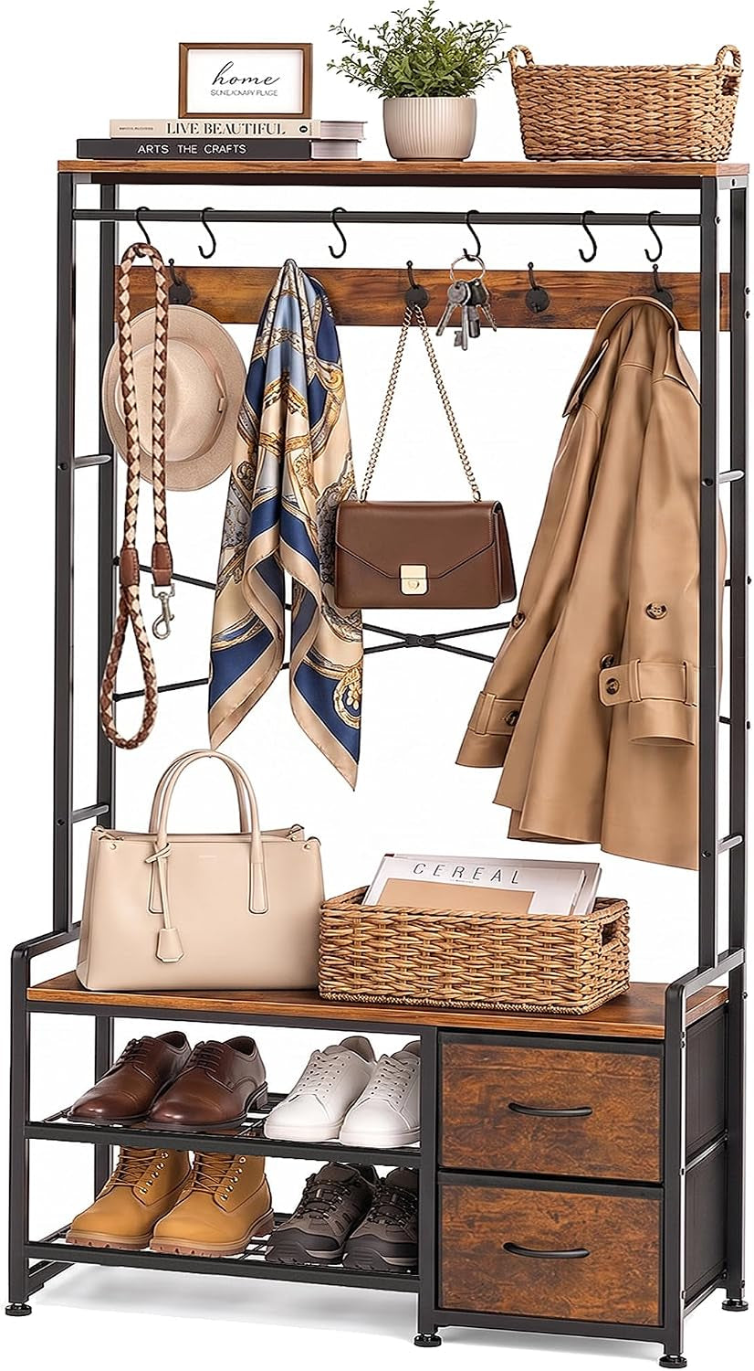Faesun Hall Tree with Bench and Shoe Storage, Rustic Brown