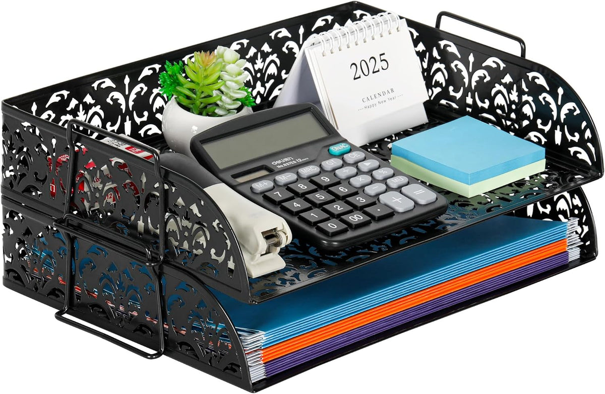 Easypag Paper Organizer for Desk 2 Tier Stackable Paper Tray for A4 Legal Size Folders Metal File Storage Desktop Organizer for Home Office School Teacher, Black