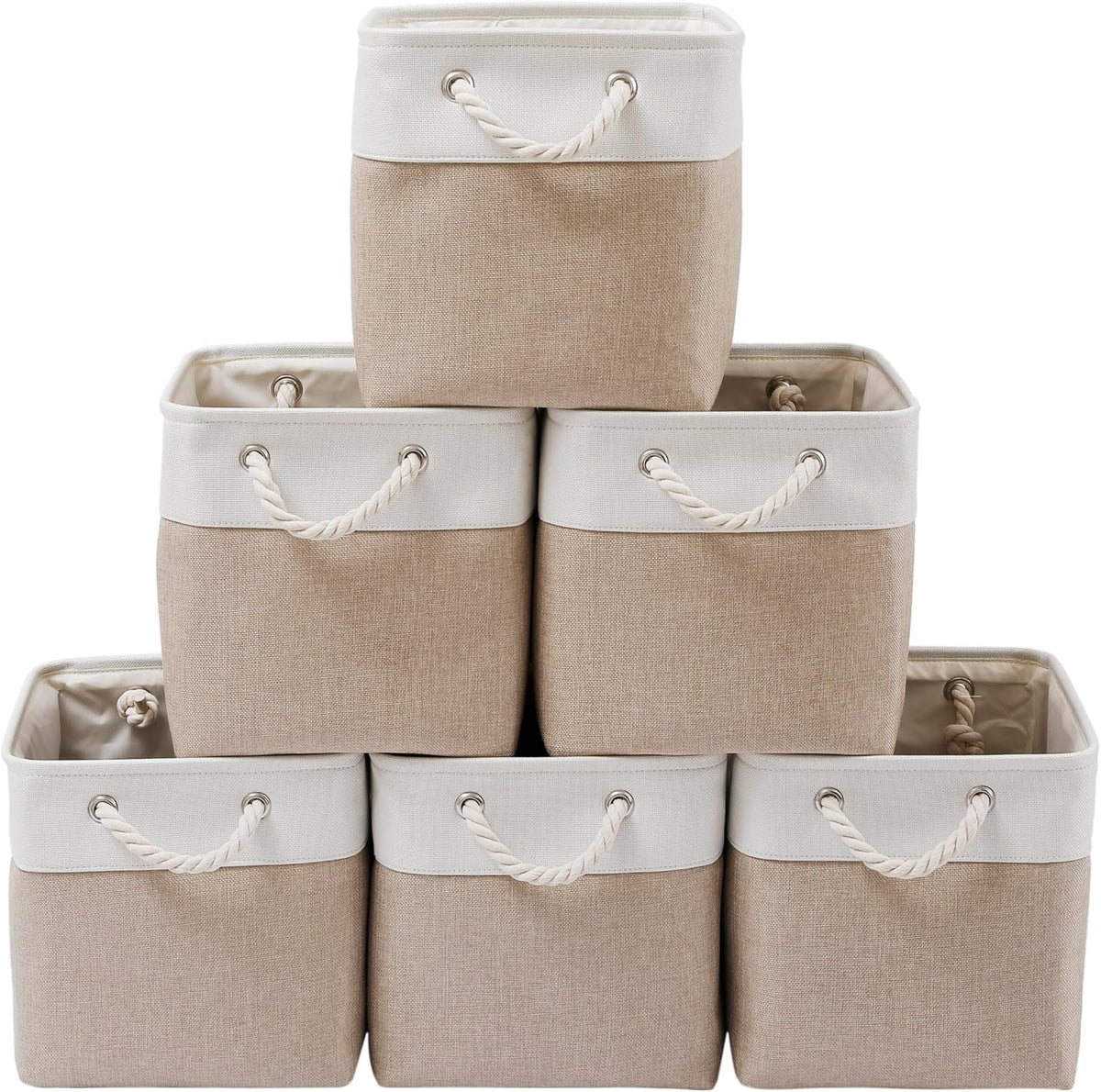 Midmmvick 13 X 13 Inch Cube Storage Bins, 6 Pack Extra Large Collapsible Fabric Storage Bin with Ropes, Foldable Storage Cubes for Home (White & Beige-13"X13"X13")