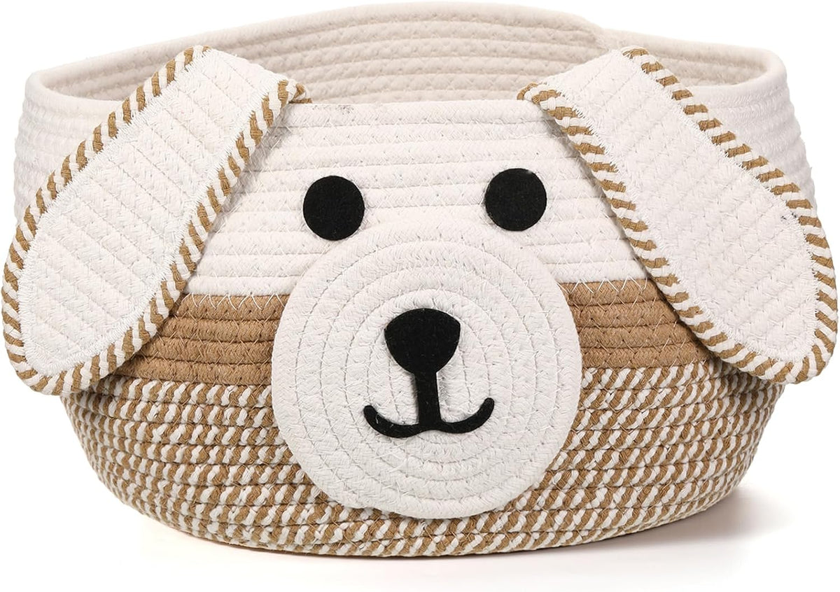 Zopeal Woven Dog Basket with Handle Toy Storage, Khaki, White, 13 X 8 Inch