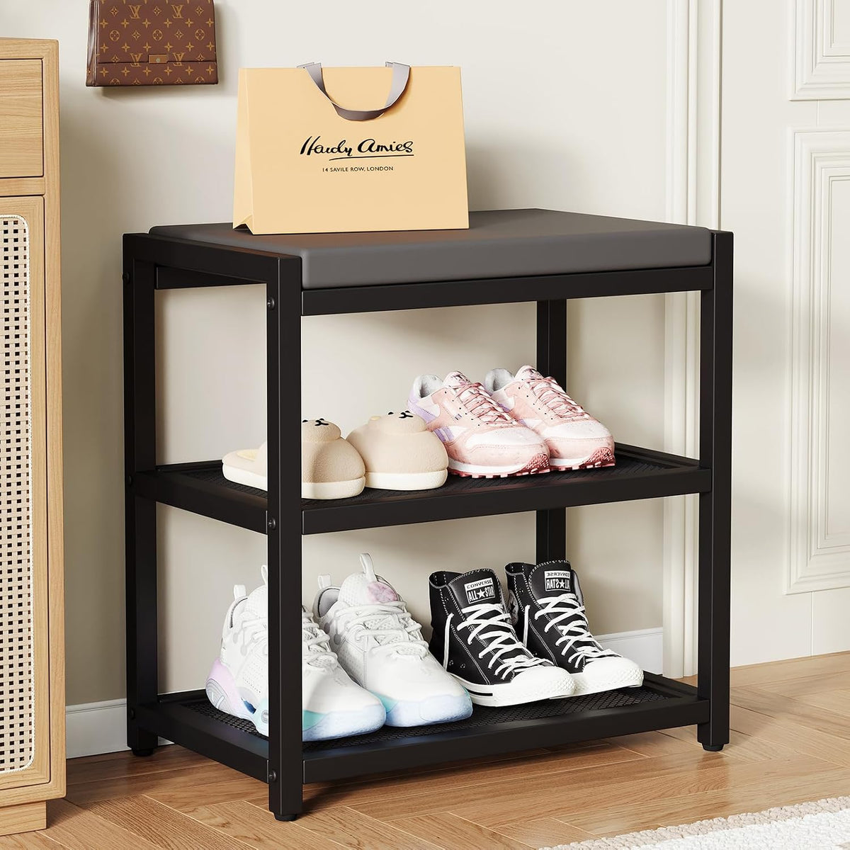 ZHOOGE Small Shoe Bench Shoe Rack Storage Bench Entryway Bench Shoe Shelf with Seat Cushion, Stable Shoe Organizer for Entryway, Living Room, Bench Seat Holds up to 300 Lb, (17"X 10"X 16", L X W X H)