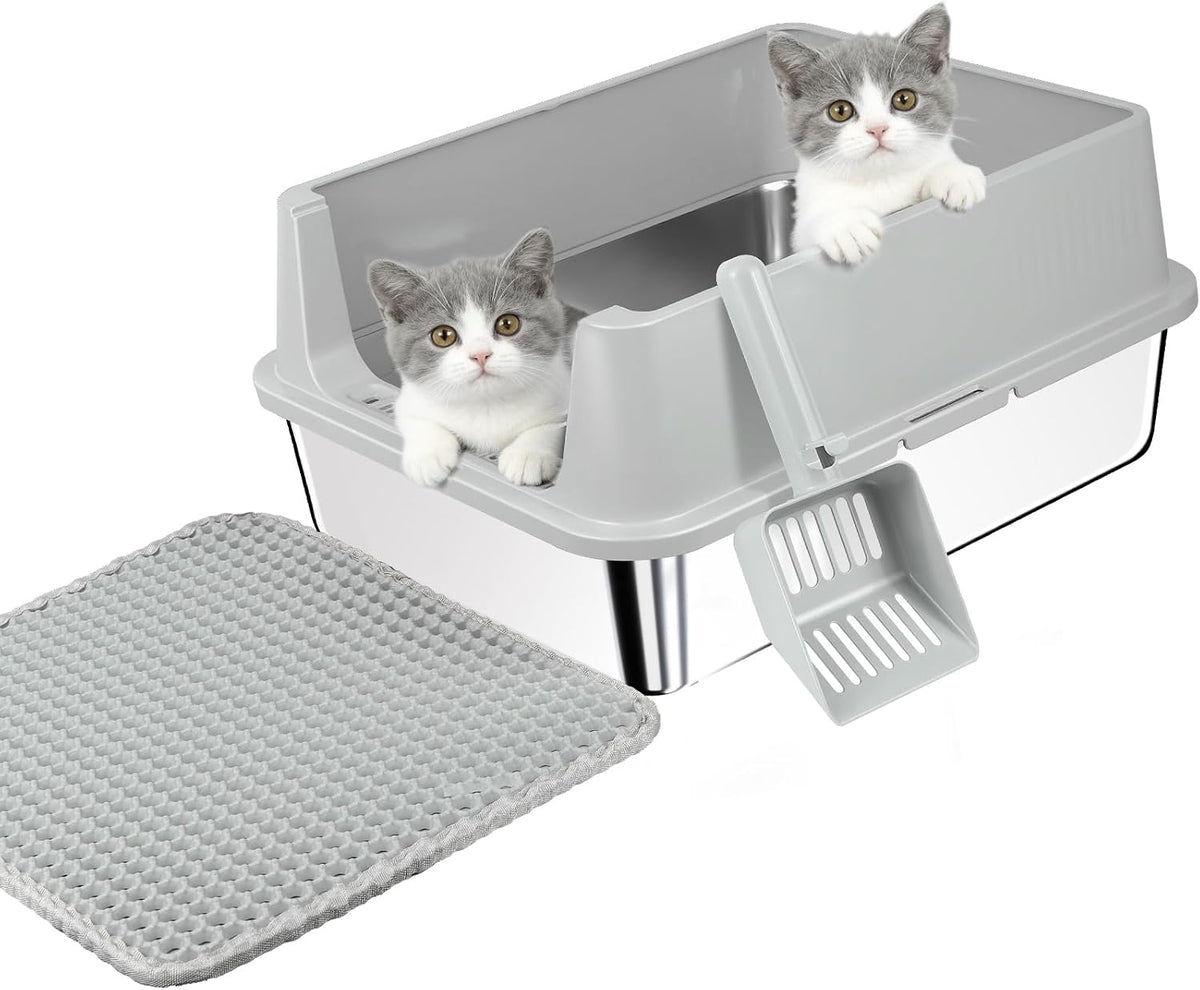 TENTIZON Stainless Steel Kitten Litter Box, Metal Small Cat Litterbox, Grey