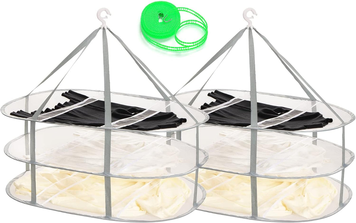 2 Pack 3-Tier Folding Mesh Clothes Hanging Dryer, Sweater Drying Rack, Large Laundry Drying Rack, Lay Fold Flat Dry Hanger, Mesh Clothes Hanging Dryer - Xl(3Tier)+Xl(3Tier)