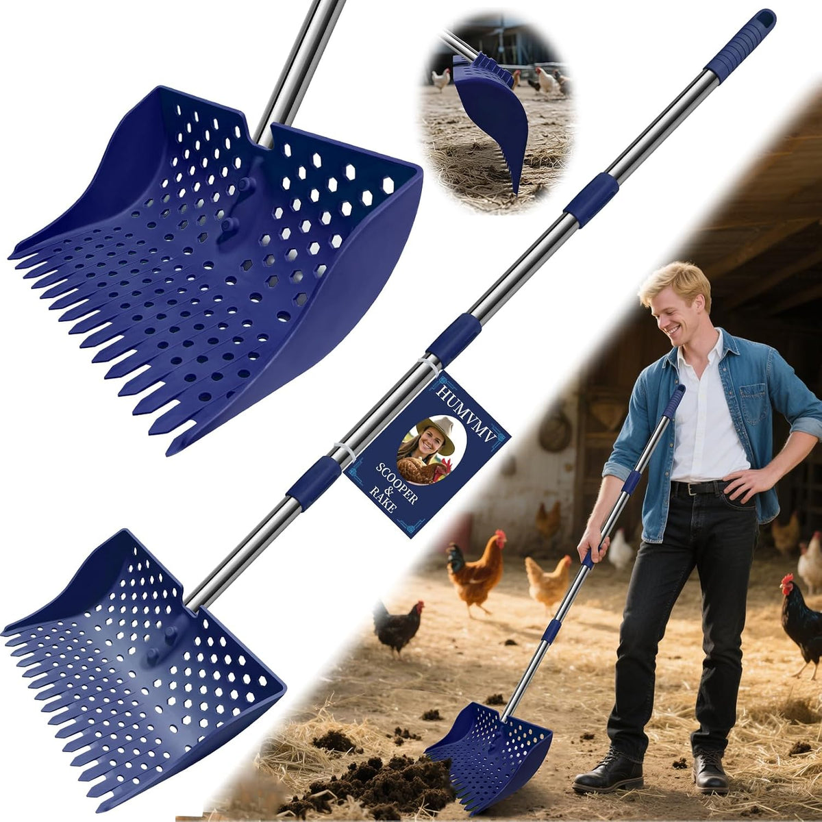12" 2-In-1 Chicken Poop Scooper & Rake, 3-Shape Sifting Holes Chicken Coop Rake, Stainless Steel Handle (20–61") - Litter Scooper & Sand Sifting Shovel (U.S. Patent No. D1124534) - Blue