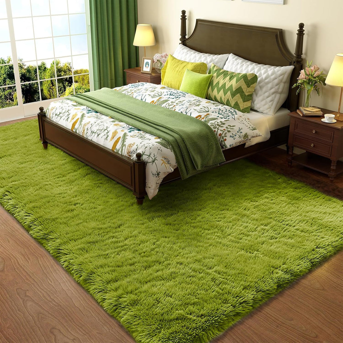 Ophanie Green Rug Grass Area Rugs for Bedroom, 4X6 Shag Fluffy Carpet, Fuzzy Furry Plush Soft Cute Kids Baby Girls Shaggy Bedside Indoor Floor Carpets for Teen Dorm Home Decor Aesthetic, Nursery