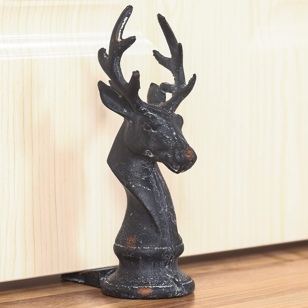 Cast Iron Stag Head Wedge Floor Door Stop, Black Finish, 2.3 Lbs