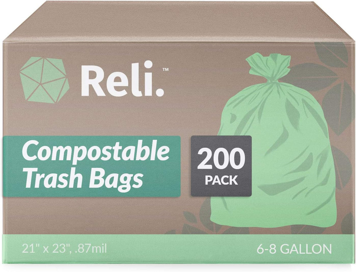 Reli. Compostable 6-8 Gallon Trash Bags | 200 Count Bulk | Green
