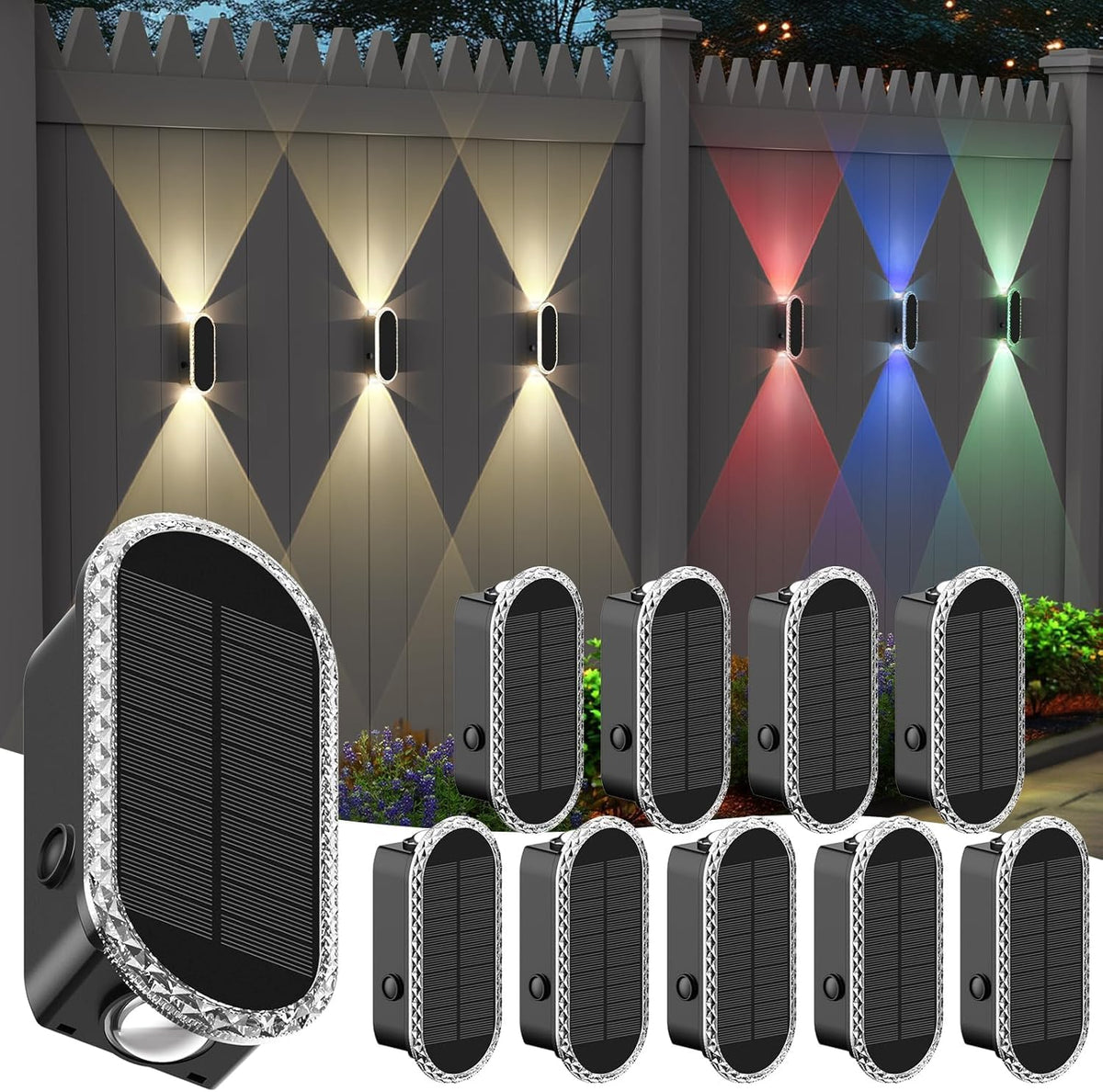 Herzila 10 Pack Solar Fence Lights,Rgbw Solar Powered Fence Wall Lights, Waterproof 7-Color Changing up down Lighting Wall Lights for Outdoor/Patio/Porch/Pool Cage