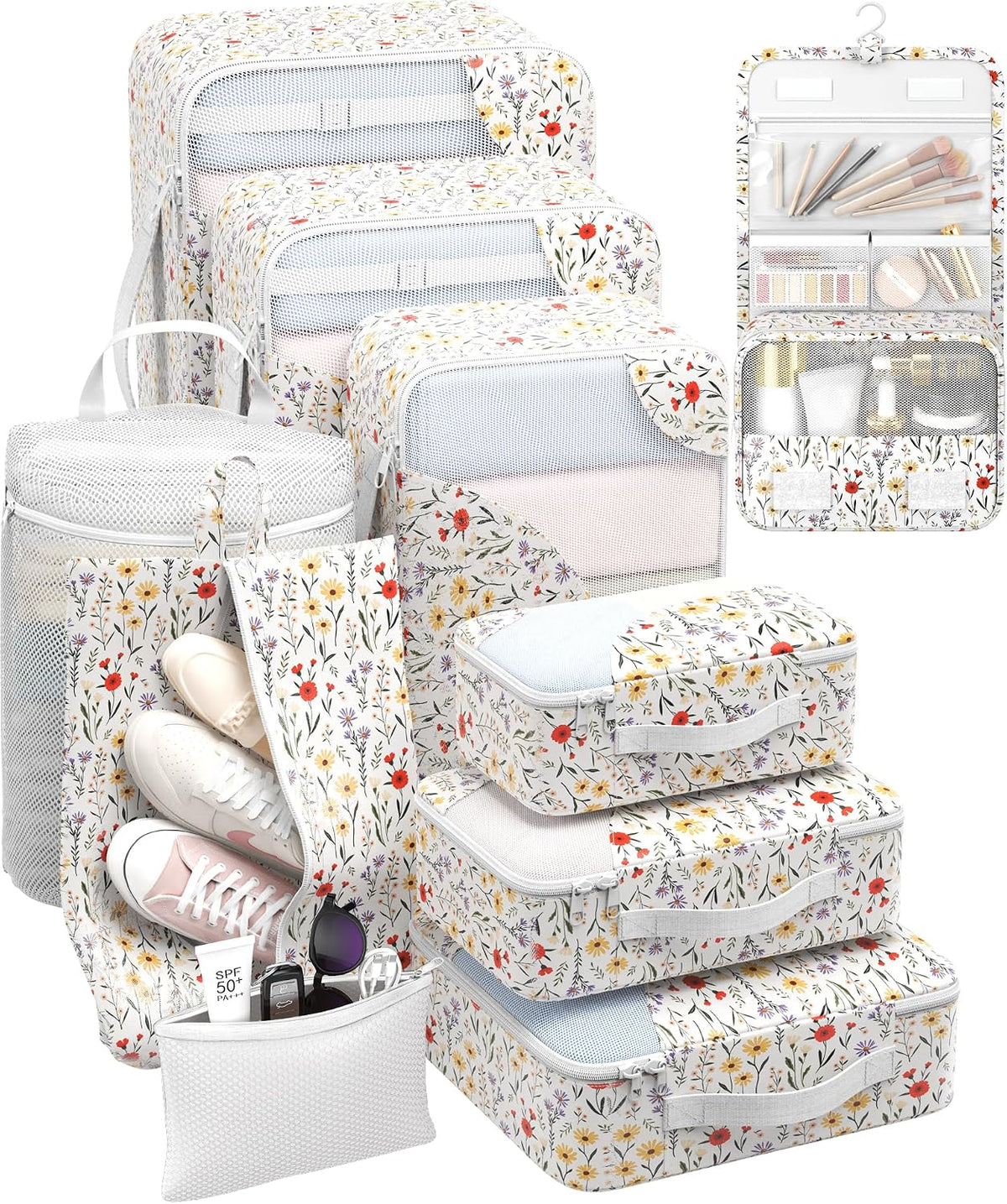 Olarhike Packing Cubes for Travel,Gifts for Women Mom,Anti-Tearing Suitcase Organizer for Luggage with Shoe & Hanging Toiletry Bag,Vacation Essentials & Accessories for Cruise Ship,10 Set,Flower