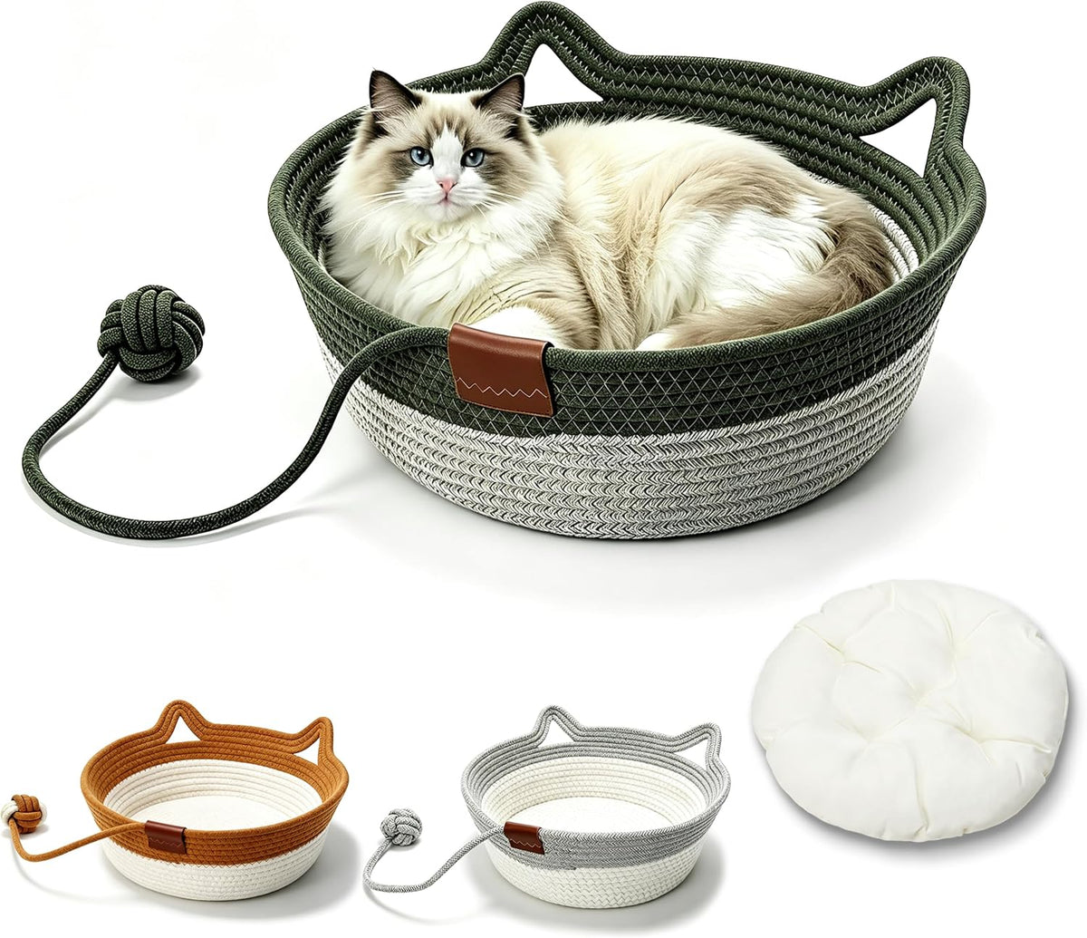 Cotton Rope Cat Basket Bed with Cat Ear Handles, Woven Cat Bed Pet Sleeping Bed Cat Nest with Removable Cushion, Scratching Board & Teaser Ball Toy for Indoor Cats Puppies Rabbits(Dark Green Small)