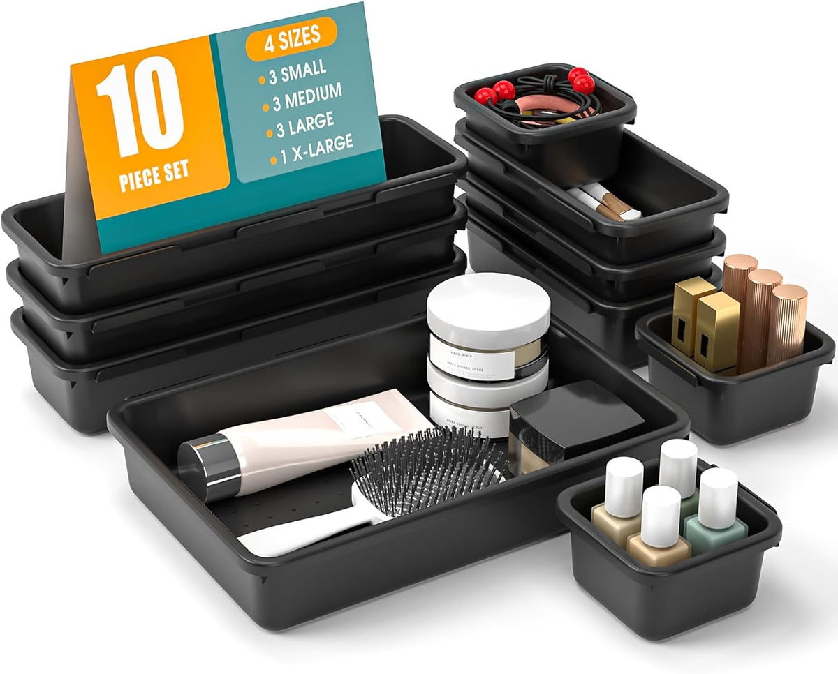 10 PCS Drawer Organizer Set, 4 Size Makeup Drawer Divider Organizer with Non-Slip Pads, Interlocking Plastic Storage Bins for Office,Jewelry Vanity,Gadgets, Bathroom,Kitchen, Black