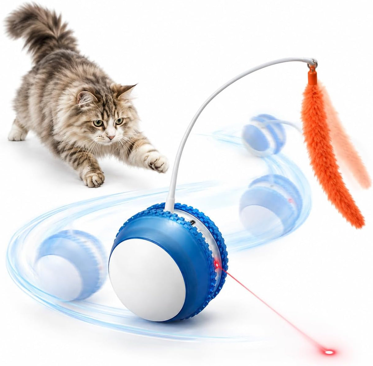 3.54-Inch Extra Large Interactive Cat Toy - All-Surface Rolling with Long Runtime, Detachable Feather Wand & Bird Sounds
