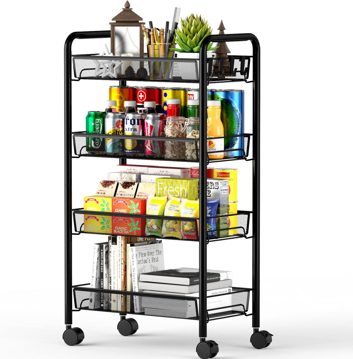 4-Tier Mesh Rolling Cart - 35 Bls/Tier Full Metal Cart with Wheel & 4 Hooks