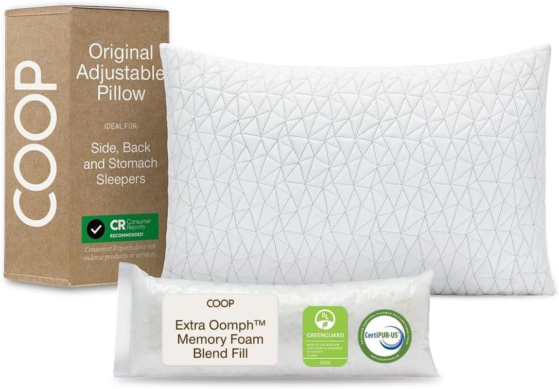 Coop Home Goods Original Adjustable Pillow, Queen Size Bed Pillow for Sleeping, Cross Cut Memory Foam Pillow - Medium Firm Back, Stomach and Side Sleeper Pillow, Certipur-Us/Greenguard Gold