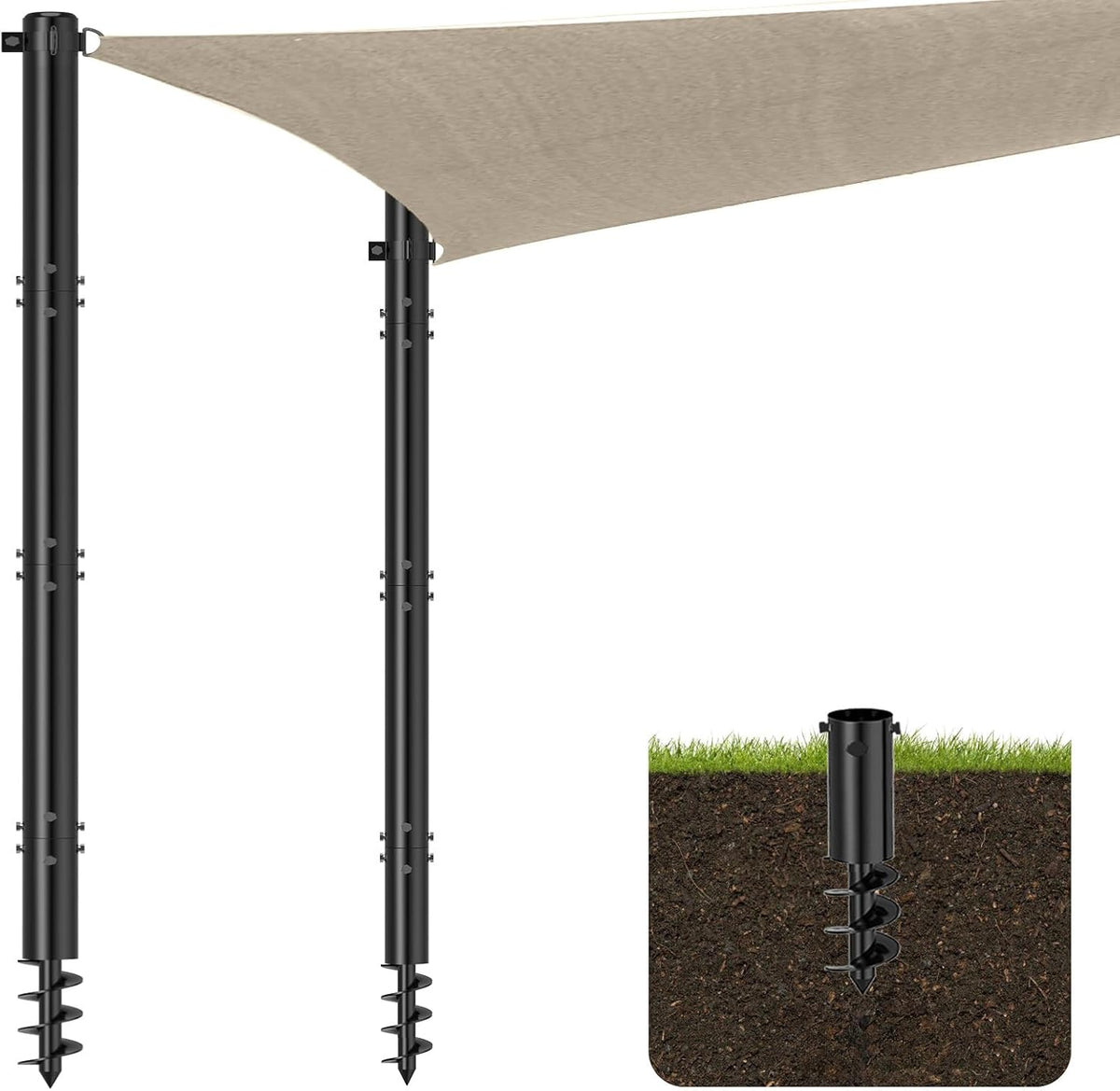 TOCRETOARE Shade Sail Poles, 2 Pack Heavy Duty Sun Poles ,Steel Shade Sail Post with D-Clamp for Outdoor String Light, Patio, Backyard 2.36In