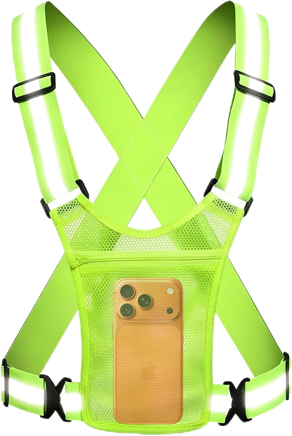 Reflective Running Vest with Phone Holder, No-Bounce Zipper Pocket, Lightweight Adjustable Safety Vest for Running, Walking & Cycling