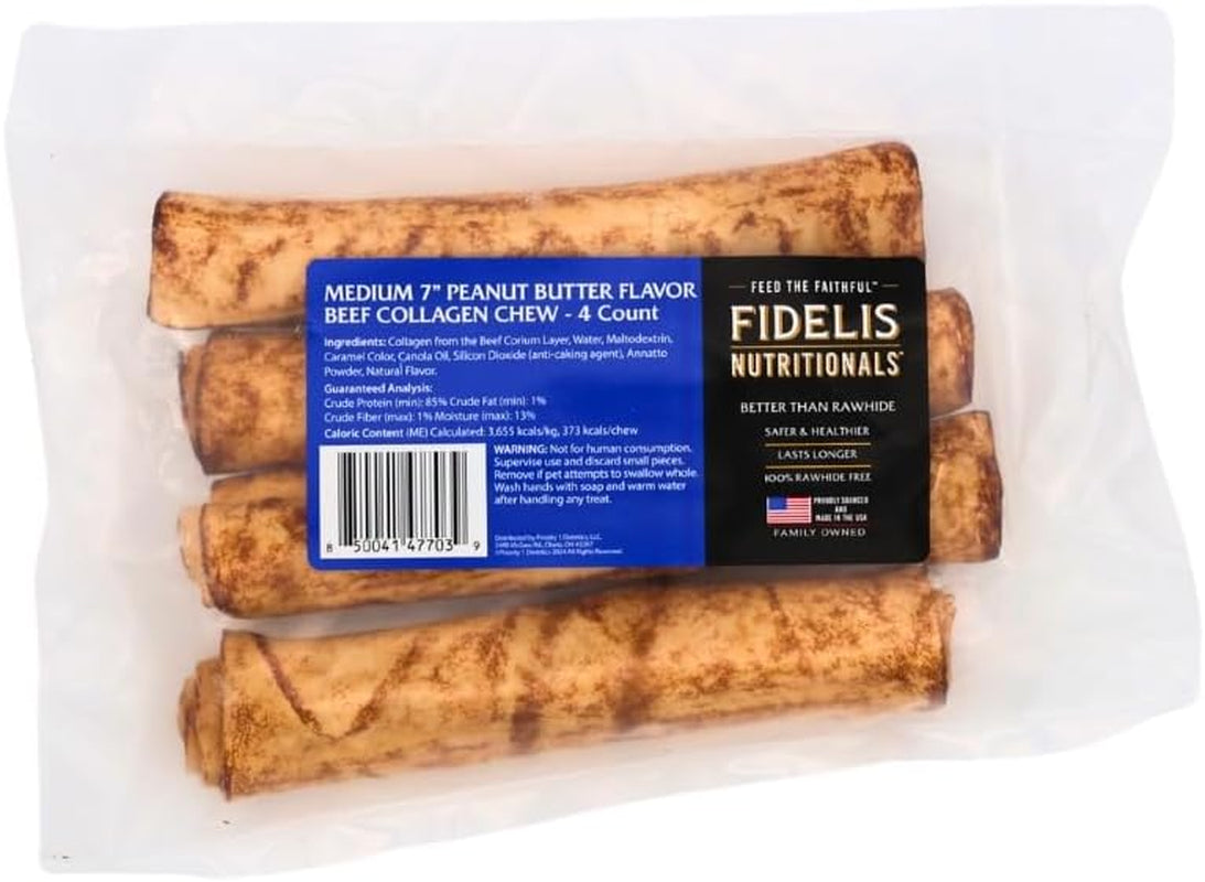FIDELIS Rawhide Free Dog Chews Long Lasting, Treat Sticks, Dog Treats, Small & Large Dogs, Beef Collagen, Gluten Free, Grain Free, Pet Chew, Bones-Alternative, Made in USA, 4Pk, Peanut Butter, 7"