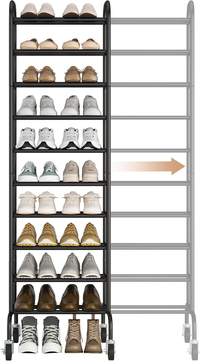 STORAGE MANIAC 10-Tier Expandable Shoe Rack, 44 Pairs Tall Shoe Rack, Black