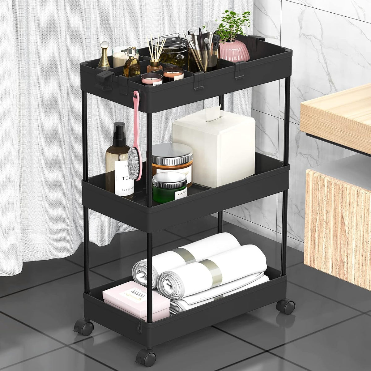 SPACELEAD 3 Tier Rolling Cart with Wheels, Storage Craft Art Trolley Organizer Serving, 3 Hanging Baskets Easy Assembly, for Office, Bathroom,Living Room, Kitchen, Black