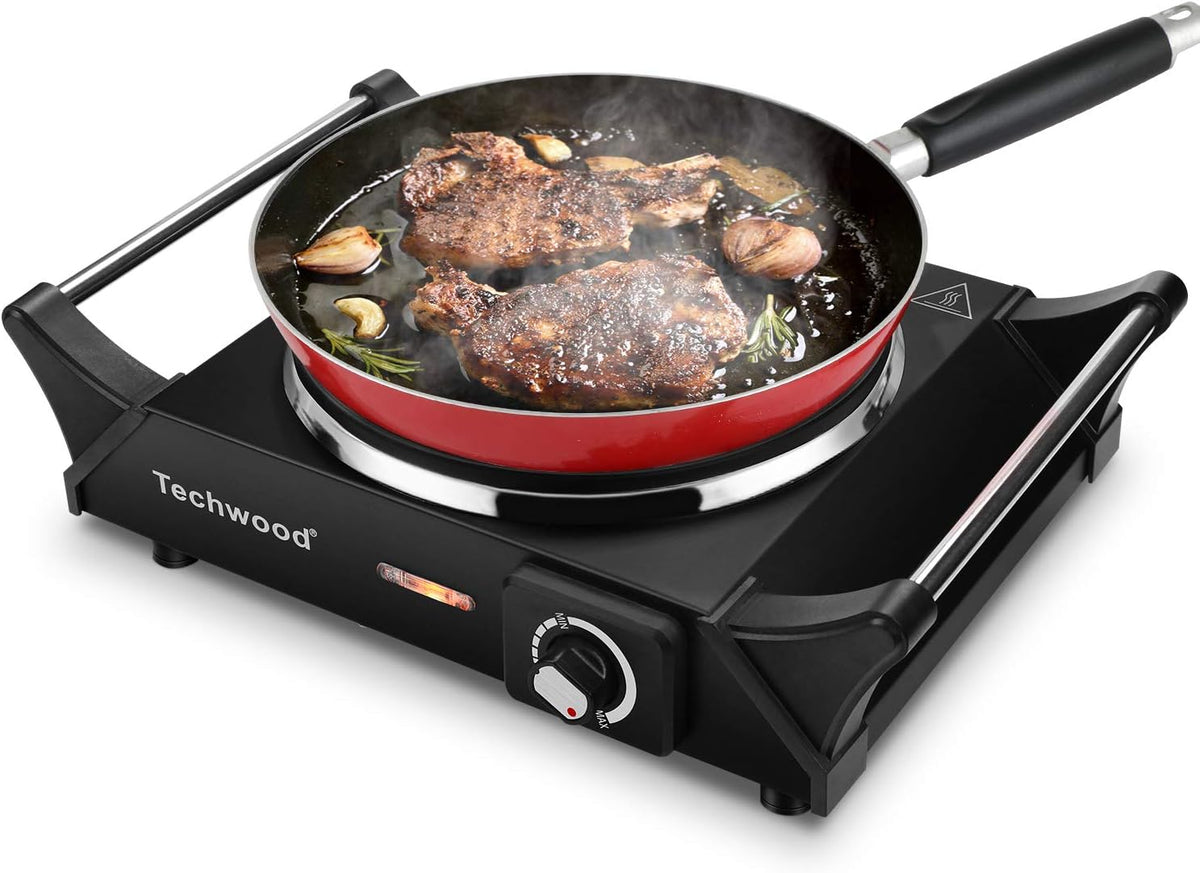 Techwood Hot Plate Portable Electric Stove 1500W Countertop Single Burner with Adjustable Temperature & Stay Cool Handles, 7.3” Cooktop for Dorm Office/Home/Camp, Compatible for All Cookwares