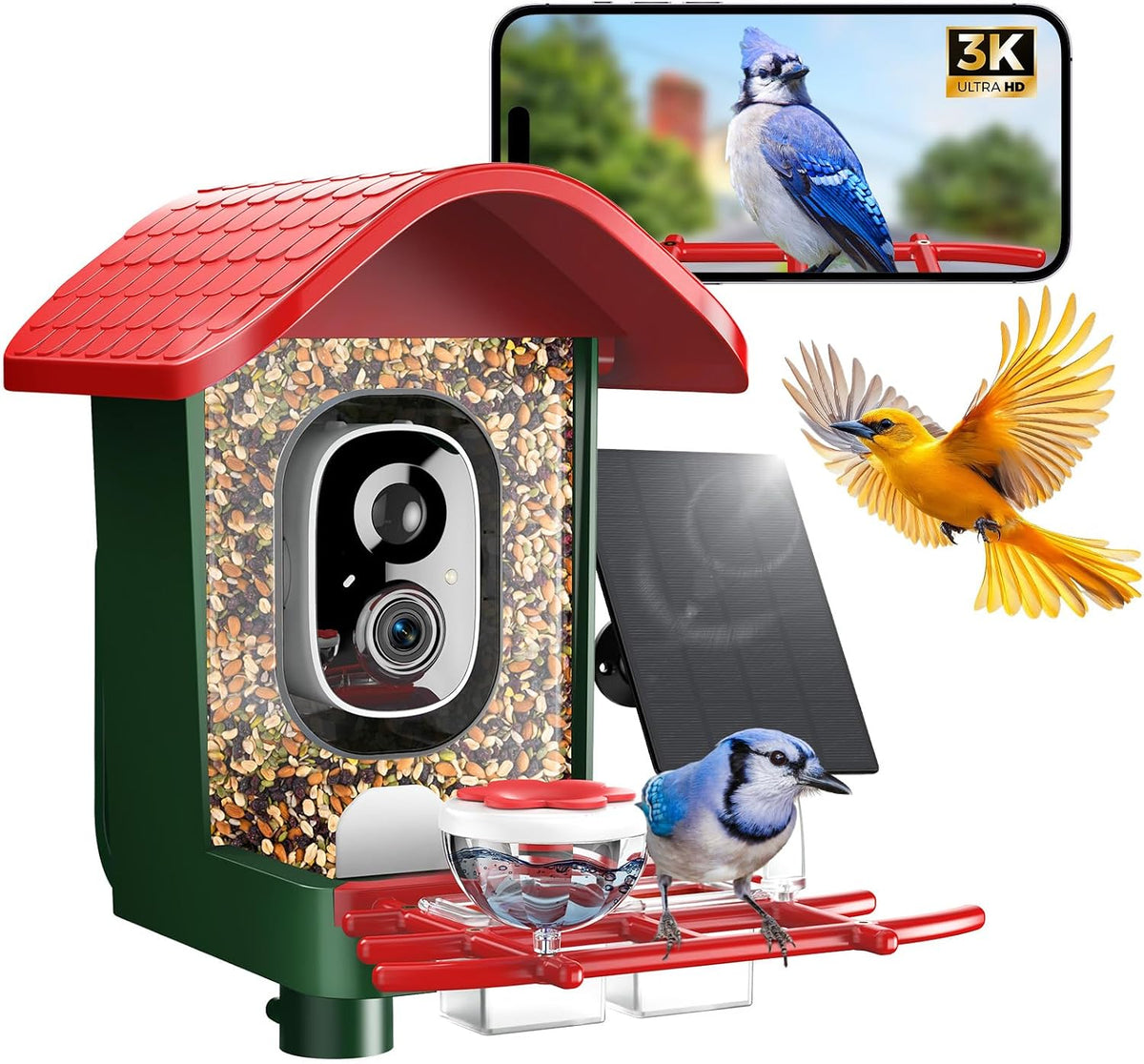 3K Smart Bird Feeder with Camera, 2.4Ghz Wifi Solar Camera Feeder, AI Bird Species Identification & Real-Time App Alerts, Chew-Proof & Waterproof for Outdoors