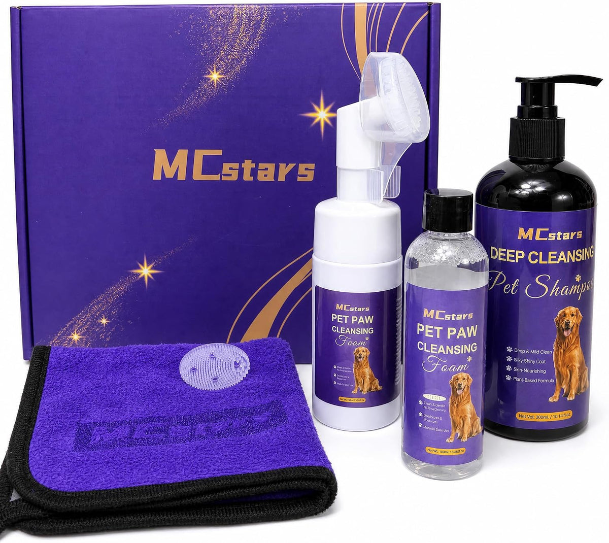 Mcstars 7-Piece Dog Shampoo and Waterless Paw Cleaner Grooming Kit