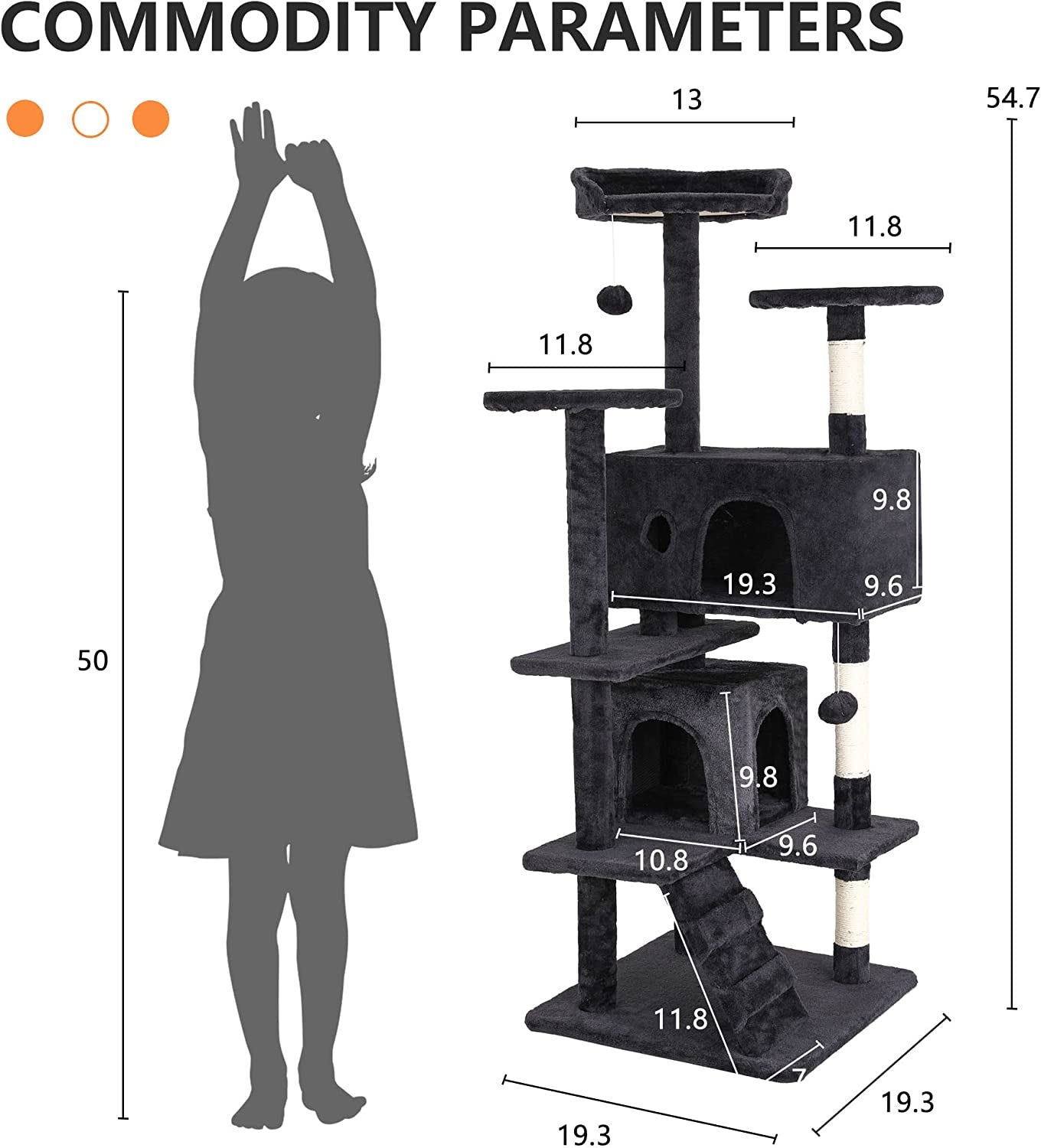 Bestpet | 54" Cat Tree Tower | Dark Gray | Sturdy, Easy to Assemble, Multi-Level Activity Center with Sisal Scratching Posts, Condos, Perches, Hanging Cat Toys, Observation Decks & Ladder