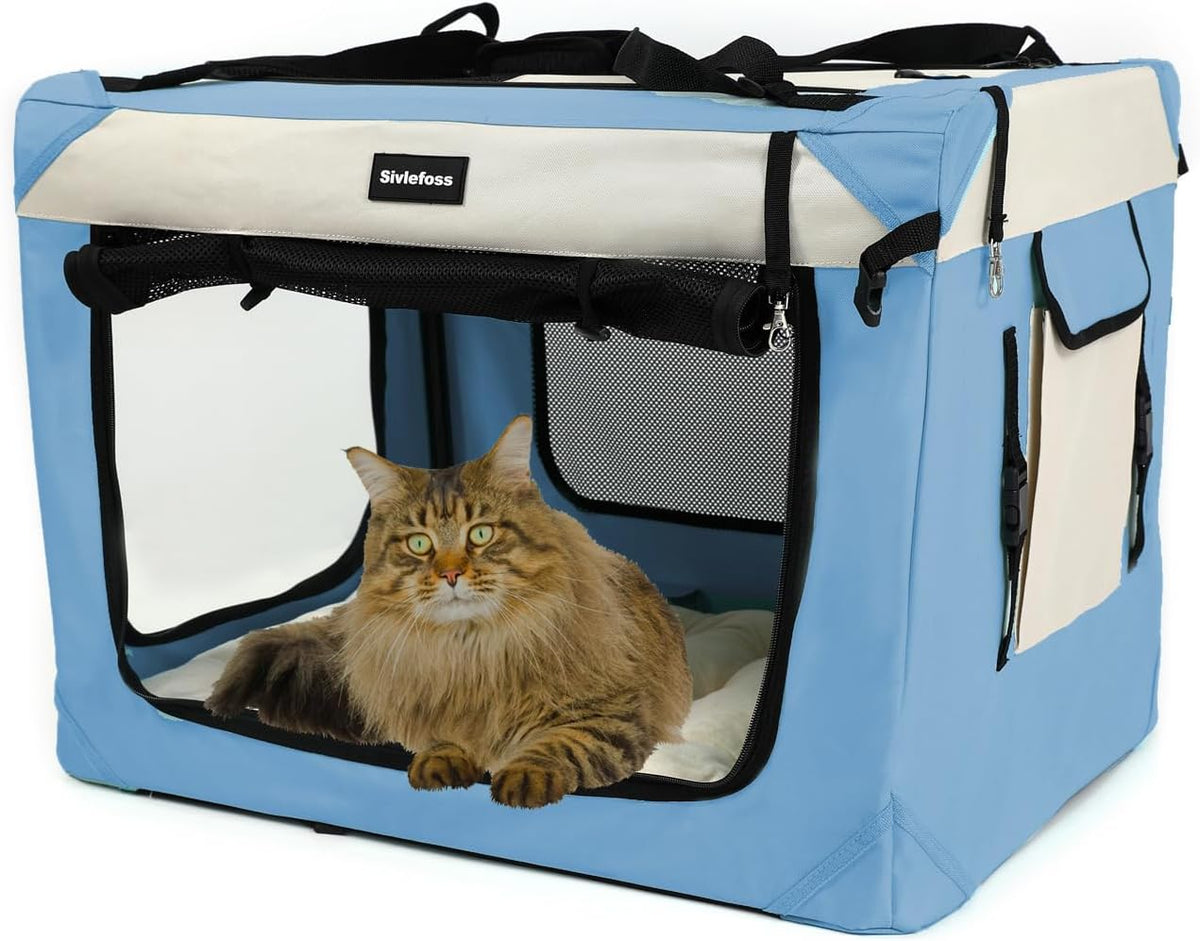 Large Cat Carrier Collapsible Travel Dog Crate Portable Soft-Sided Pet Kennel with Super Soft Warm Plush Pillow for Indoor and Outdoor 20X14X14In,Sky Blue