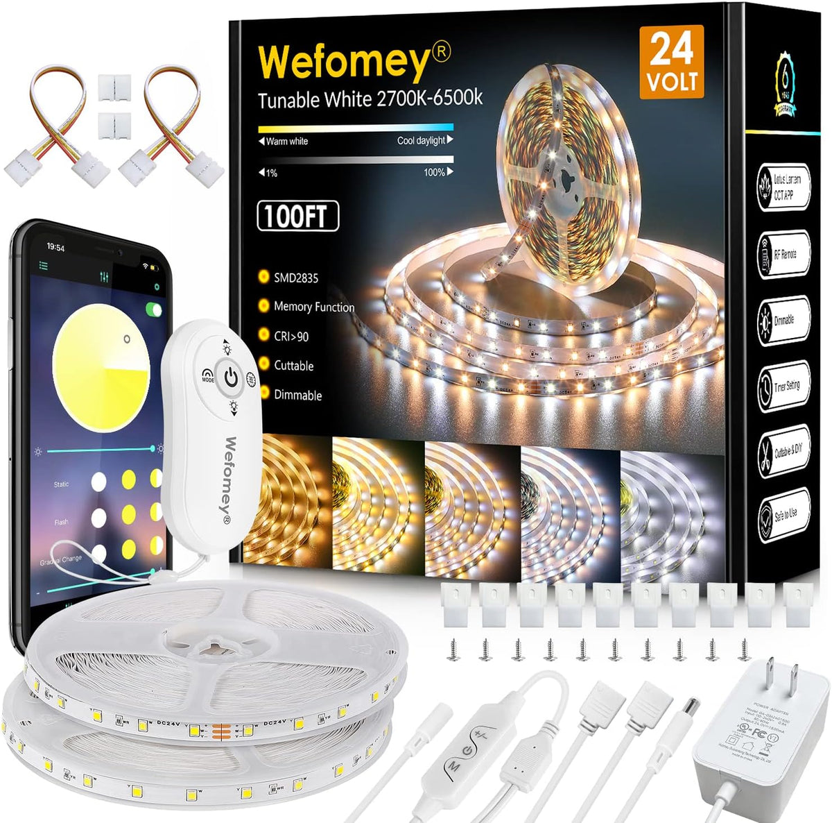 Wefomey White LED Strip Lights, 100Ft Dimmable Bright 24V Led Tape Light with Remote and App Control, 2700K-6500K White 1800 Leds Lights for Bedroom, Kitchen, Ceiling (2 Rolls of 50Ft)