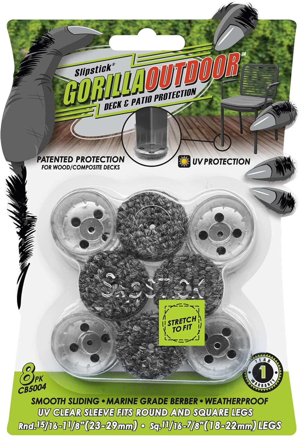 Slipstick Gorillaoutdoor Berber Furniture Feet Pads with Clear Sleeve Sock (8 Pack) Outdoor Furniture Sliders for round & Square Legs, Small