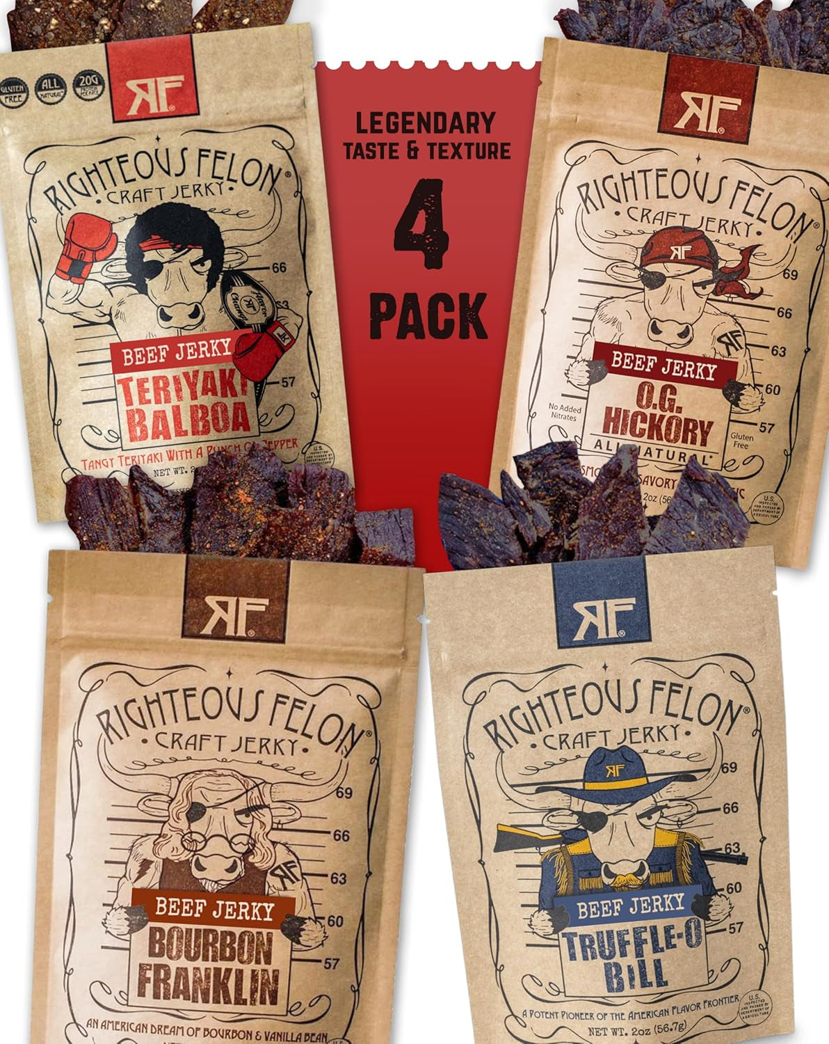 Righteous Felon Beef Jerky - High Protein Jerky Snack Pack - Father'S Day Jerky for Dad - Locally Sourced & Dried Beef Jerky - Low-Sugar, Keto, Gluten-Free Jerky Snacks - Savory 4 Pack Sampler