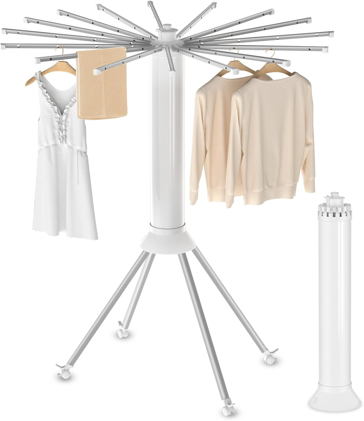 4-Legged Clothes Drying Rack Foldable, Outdoor Collapsible Drying Rack Clothing, Portable Laundry Drying Rack with 4 Pulleys, Aluminum Alloy Dry Rack for Clothes, Indoor, Balcony, Poolside, Camping