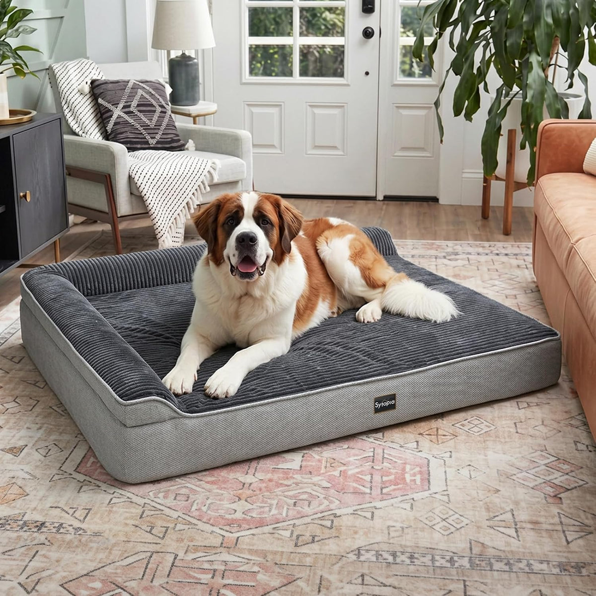 Sytopia XXL Orthopedic Dog Bed for Large Senior Dogs 52 X 36 X 7 Inch, 7 Inch Thick Memory Foam, Waterproof Washable Cover, Durable Heavy Duty Pet Bed with L-Shaped Bolsters Grey