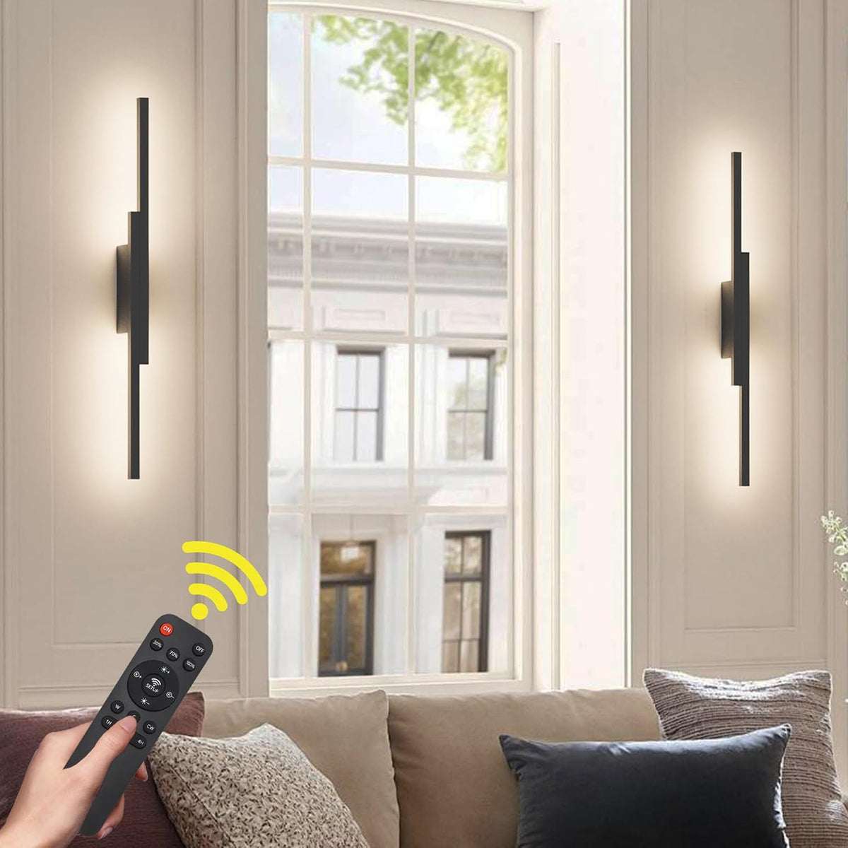 Aipsun Black Wall Sconces Set of Two Battery Operated Wall Sconces 3000K-6000K Dimmable LED Wireless Wall Lights for Living Room,Bedroom,10,000Mah,23.6Inch (2 Pack)
