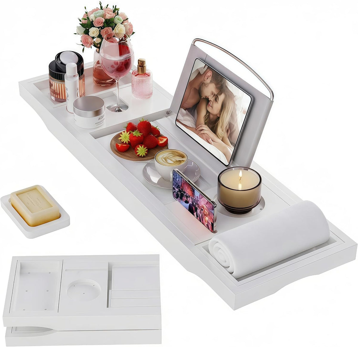 Foldable Bathtub Tray Caddy with Soap Dish Adjustable 29.5-43''White