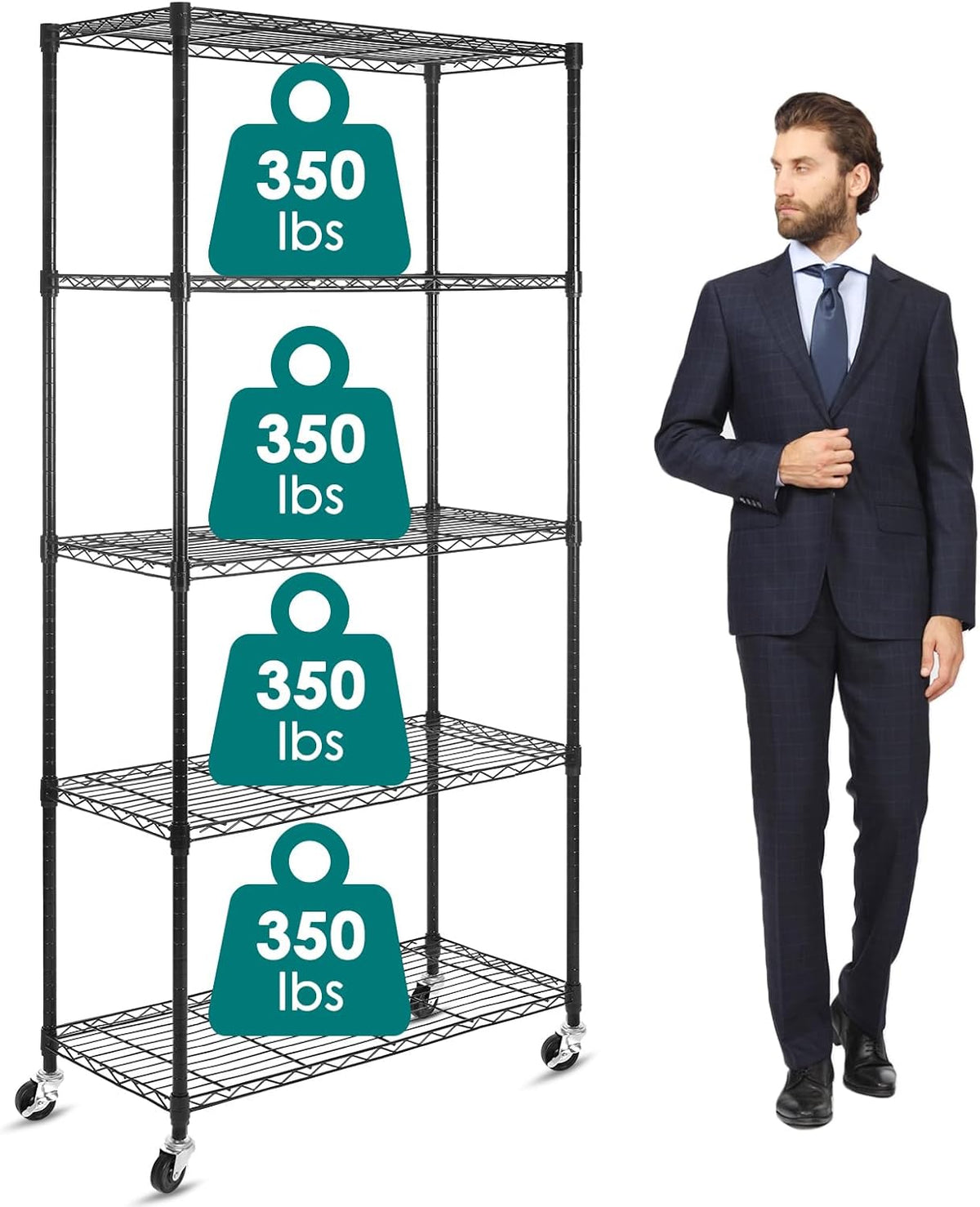 WDT 5-Shelf Shelving Units on Wheels Casters, Adjustable Heavy Duty Metal Shelf Wire Storage Rack for Home Office Garage Kitchen Bathroom Organization(16”Wx36”Dx75”H), Black