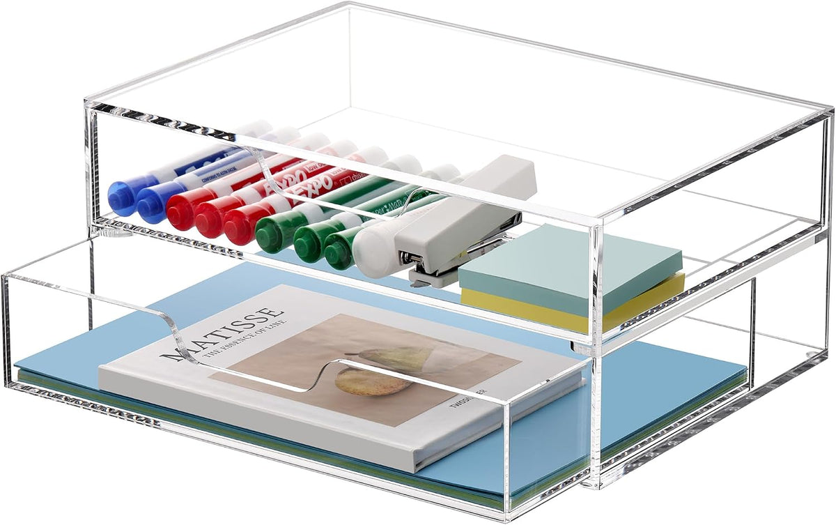 SANRUI 2 Tier Acrylic Desk Organizer with 2-Drawer, Clear File Organizer