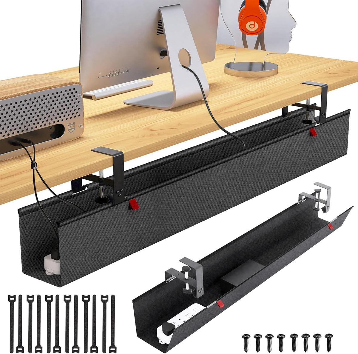 48" Gaming under Desk Cable Management Tray, Black No Drill Cord Organizer for PC Setup, Large Anti-Sag Wire Hider, Stealth Cable Management Net for Battlestation (Black, 47.8")