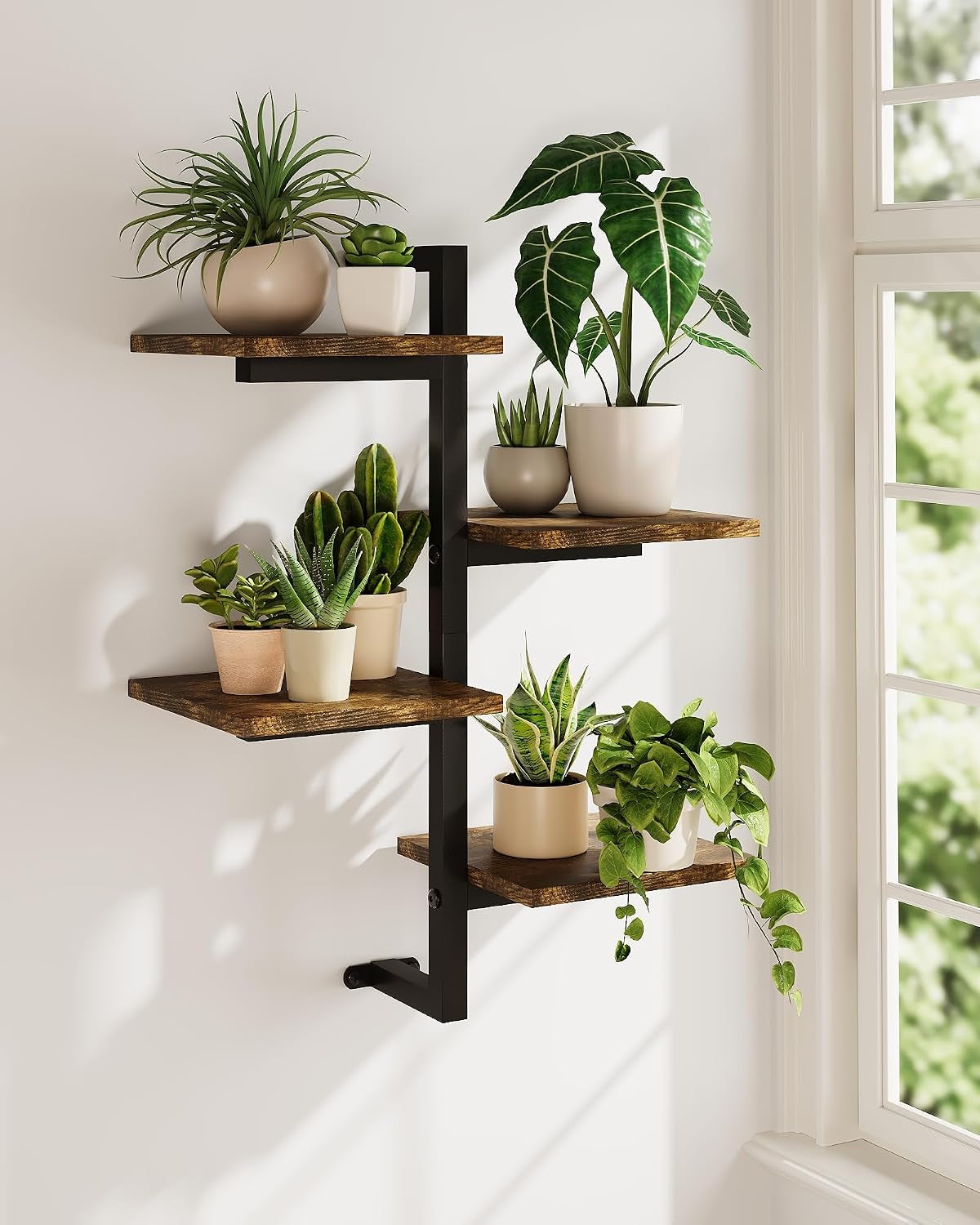 Bamworld Plant Shelves 4 Tier Wall Planter Holder Wooden Floating Shelf