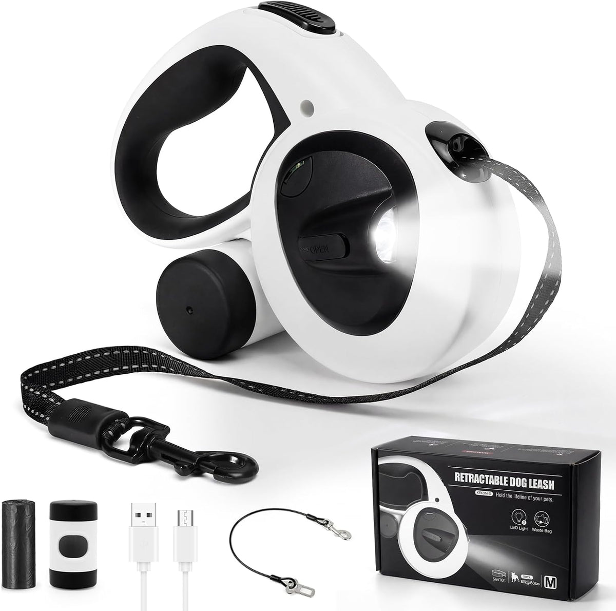 Retractable Dog Leash with USB Rechargeable LED Light, White