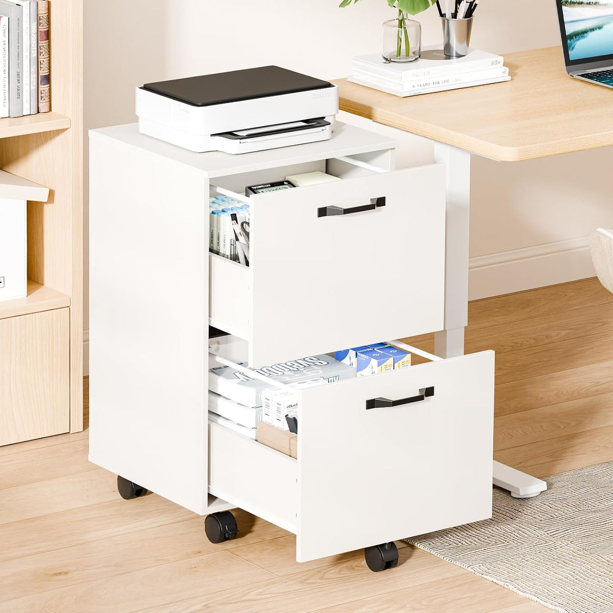 DUMOS 2 Drawer File Cabinet, Rolling Wood Storage Cabinet, White
